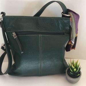 Tignanello Green Leather Crossbody Shoulder Handbag Purse With Scarf Beautiful